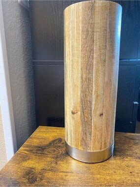 Wood Grain Cylindrical Utensil Holder with Brushed Metal Base
